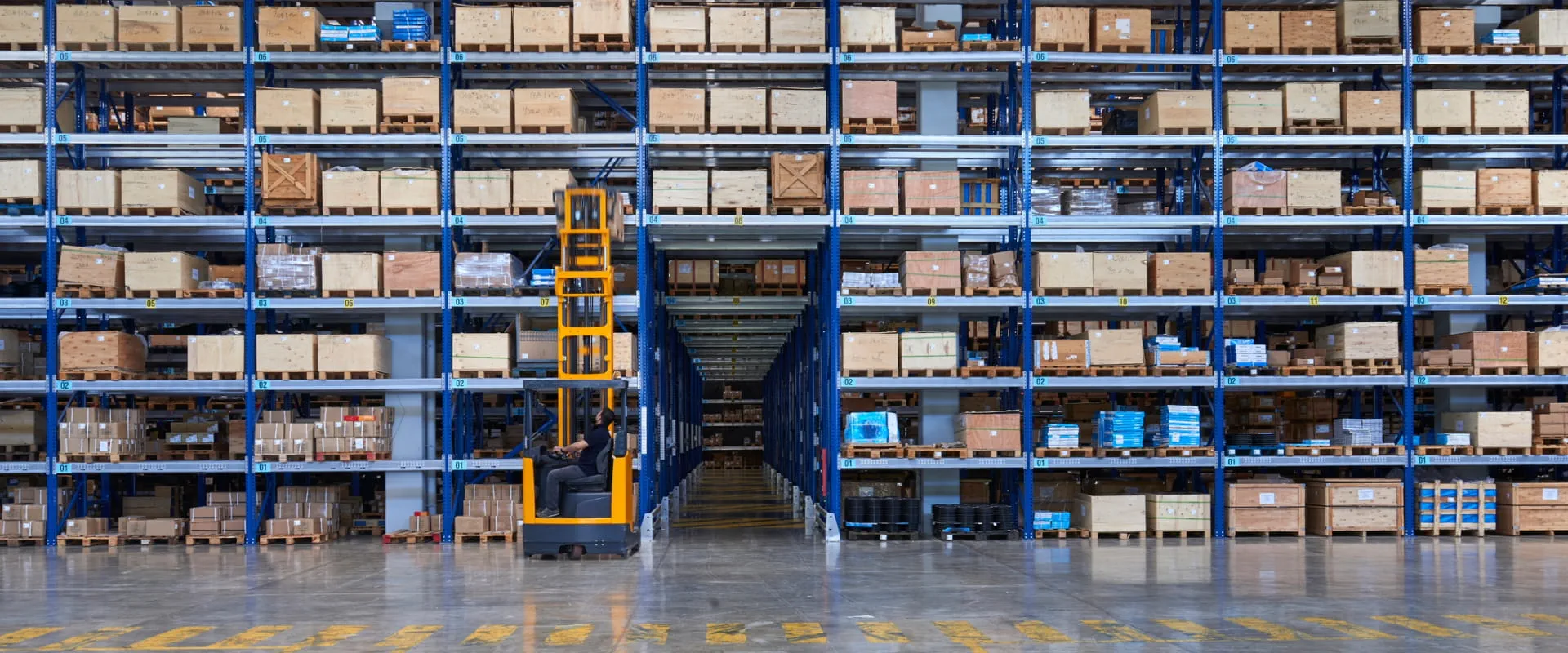 In the distance, a forklift operator pulls a pallet down from a large storehouse shelving