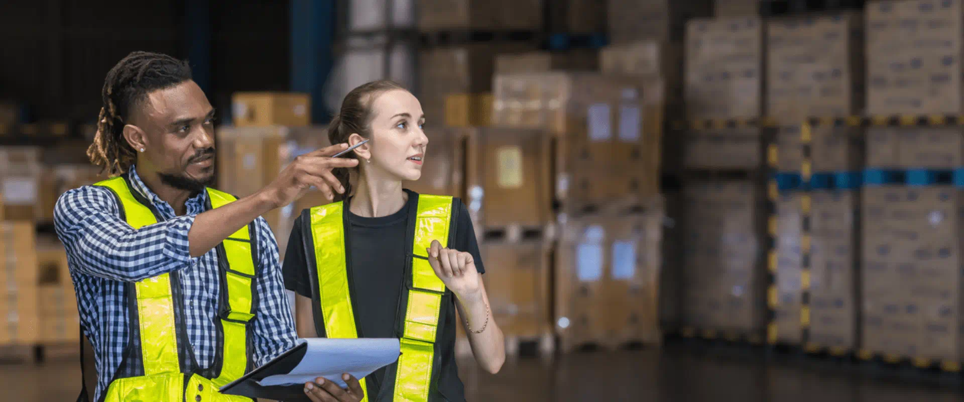 Two workers in a warehouse look at something in the distance Two workers in a warehouse look at something in the distance