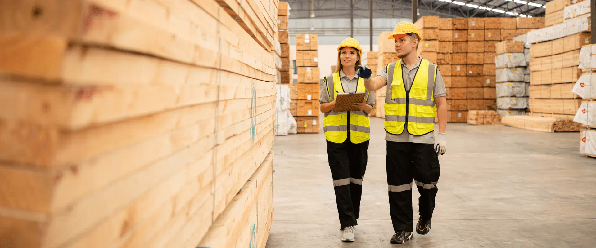Two workers in hardhats and safety vests walk through a lumber warehouse. Two workers in hardhats and safety vests walk through a lumber warehouse.