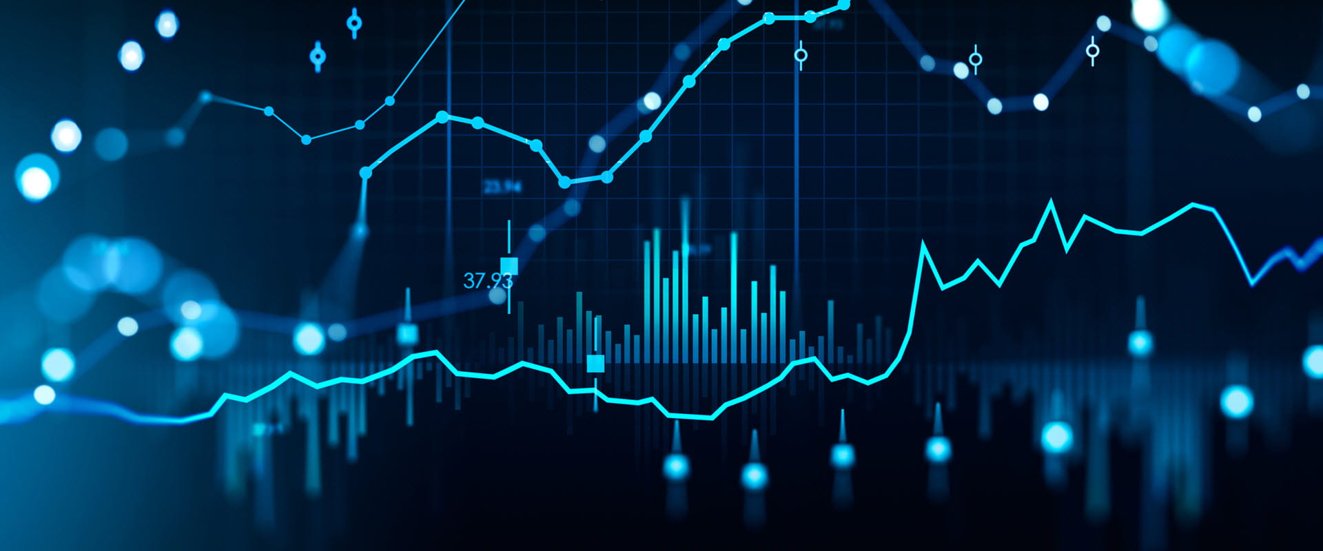 Stock market changes, forex hologram with numbers and bar chart with candlesticks.