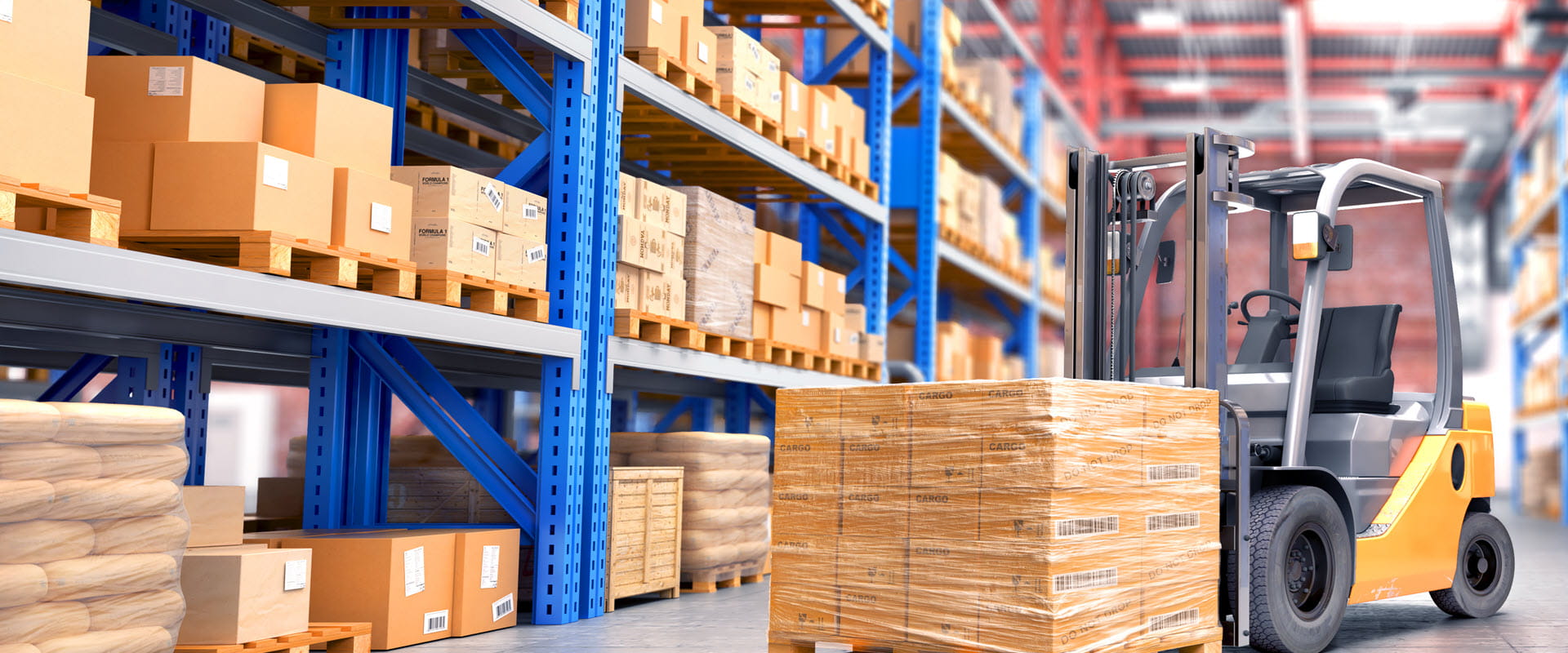 A forklift operating in a well-organized warehouse with shelves of stacked boxes in the background.
