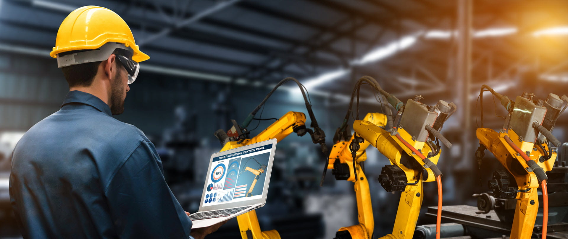 Worker using digital factory production technology showing automation manufacturing process Worker using digital factory production technology showing automation manufacturing process