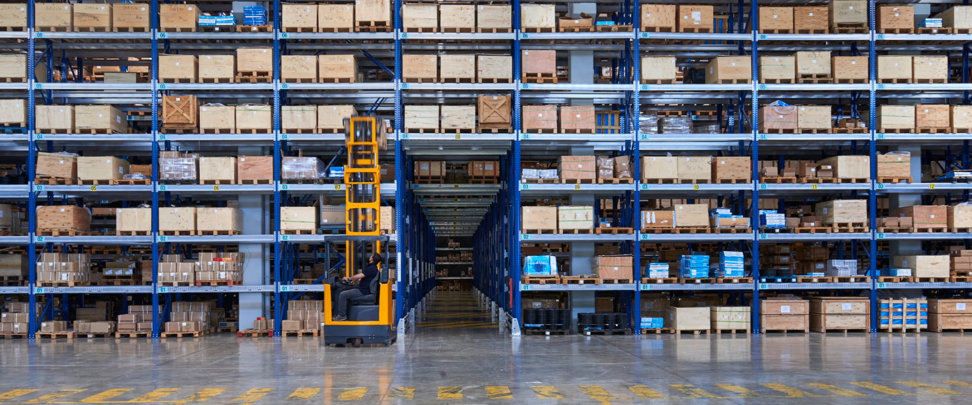 In the distance, a forklift operator pulls a pallet down from a large storehouse shelving