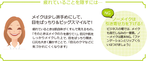 疲れていることを隠すには… メイクは少し派手めにして、目をぱっちり＆ビッグスマイルで 疲れているときは肌自体がくすんで見えるもの。「そのときはメイクの力を借りて!」。目元や肌をしっかりメイクした上で、目をぱっちり開き、口元も大きく動かすことで、「目元のクマなどに気づかれにくくなります」 NG ノーメイクは引き寄せ力を下げる! ビジネスの場では、メイクも身だしなみの一要素。ノーメイクは基本NG。「ファンデーションとリップくらいはつけましょう」